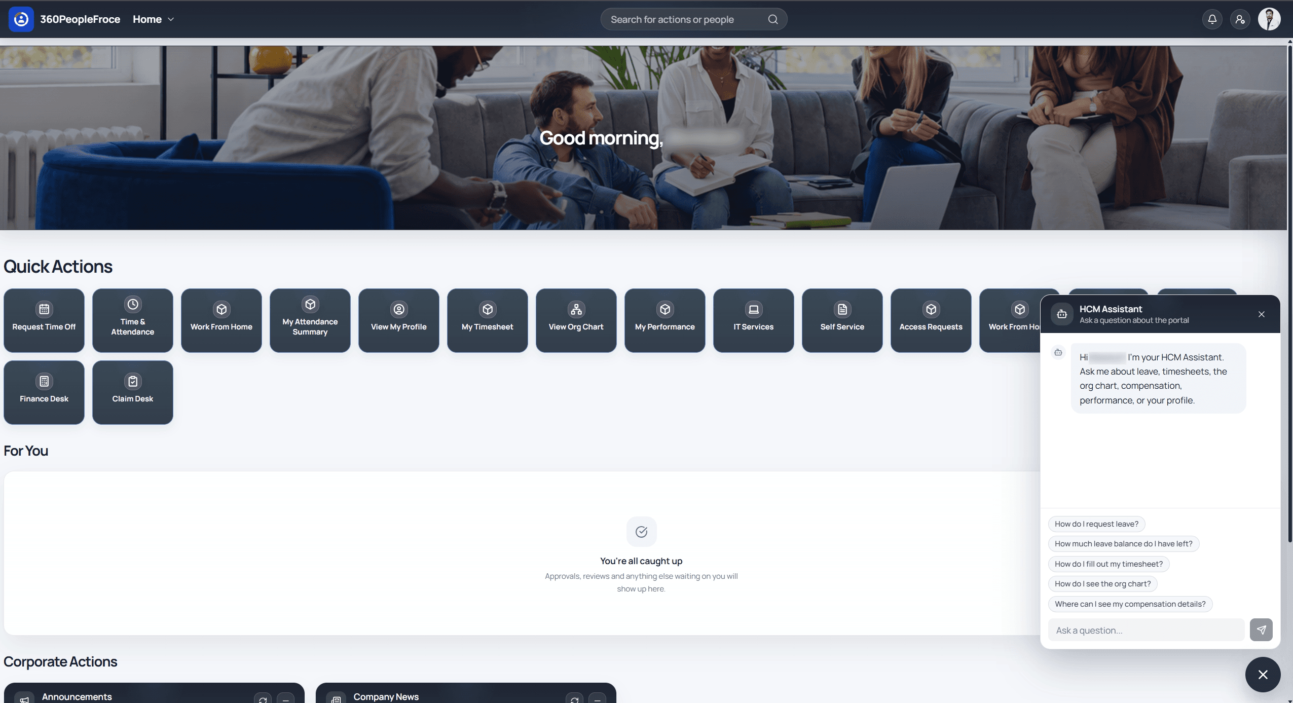 360PeopleForce employee home with quick actions and the Ahad Assistant answering questions about leave, timesheets and pay
