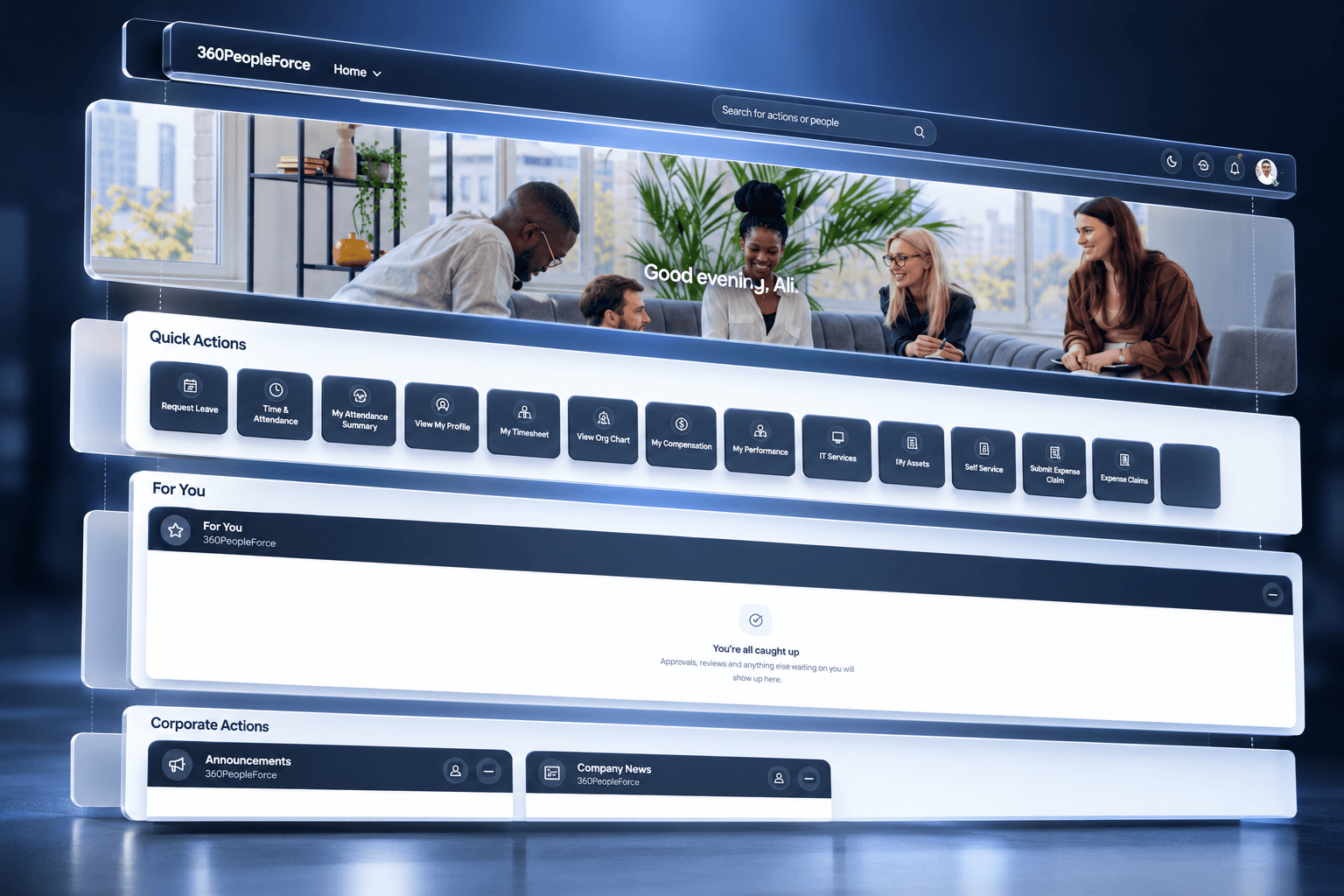 360PeopleForce employee home with quick actions, For You feed, and corporate announcements