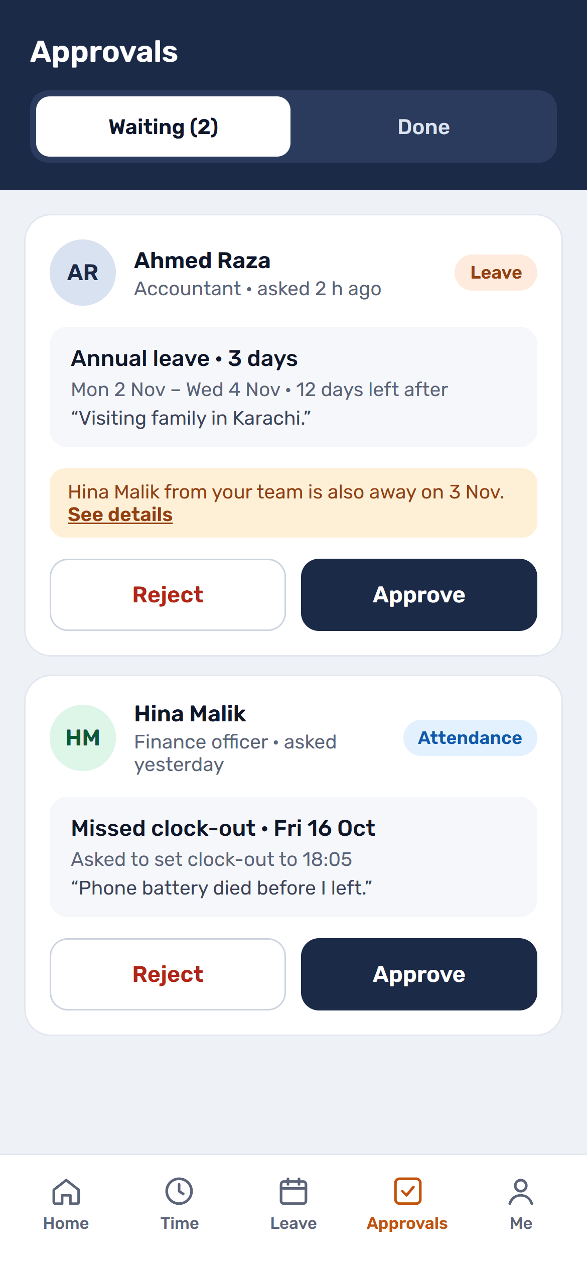 360PeopleForce app approvals screen with a leave request and a missed clock-out to approve or reject