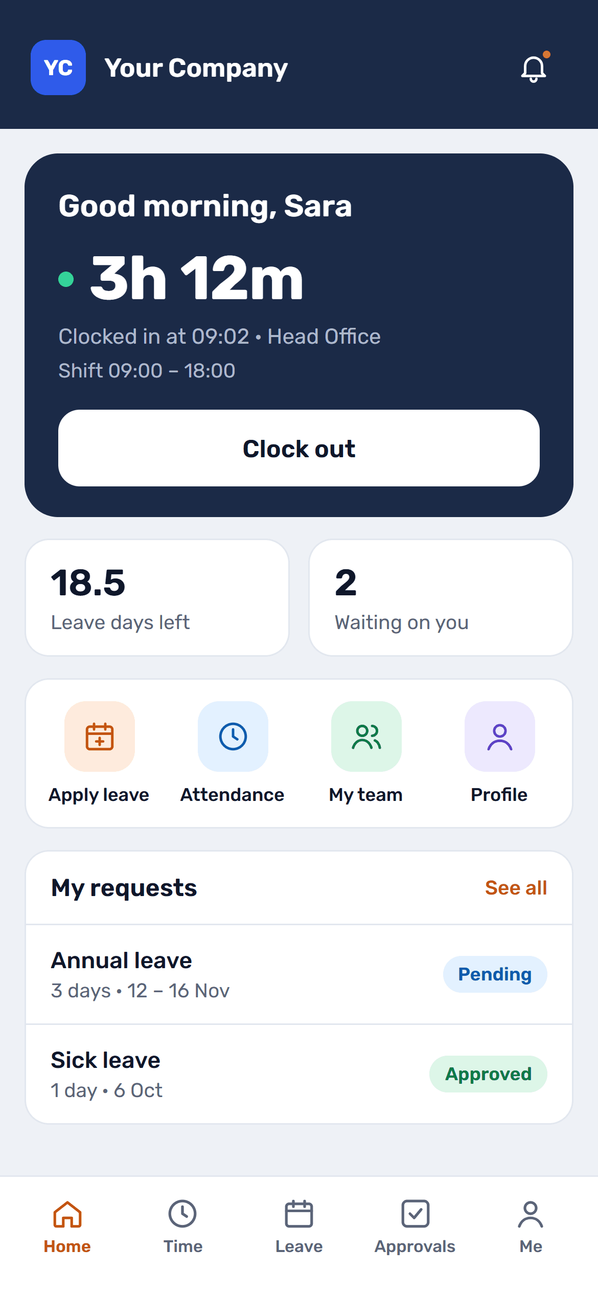360PeopleForce app home: time worked today, clock out, leave days left, approvals waiting and recent requests